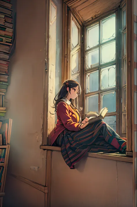 Arafed woman sitting on the window sill and reading a book、Storybook Wide Shot::HD、near a window、Sitting in the castle、Leaning a...