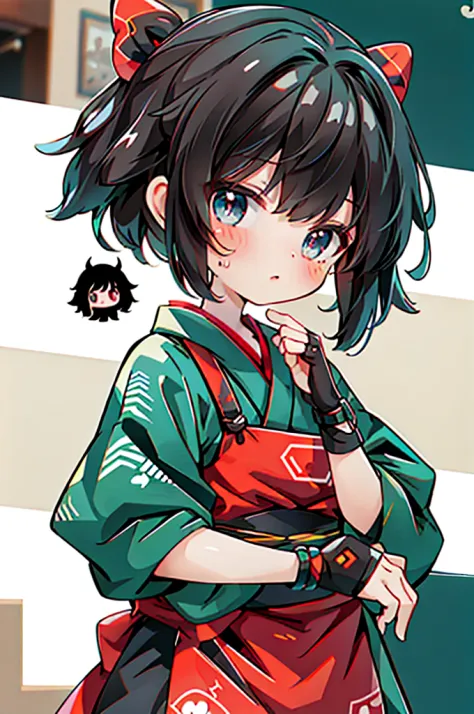 1girl in,,, black_hair, breastsout, report,brown hair,bob cuts).blue eyes, fingerless glove aid_have a white apron),red ribbon o...