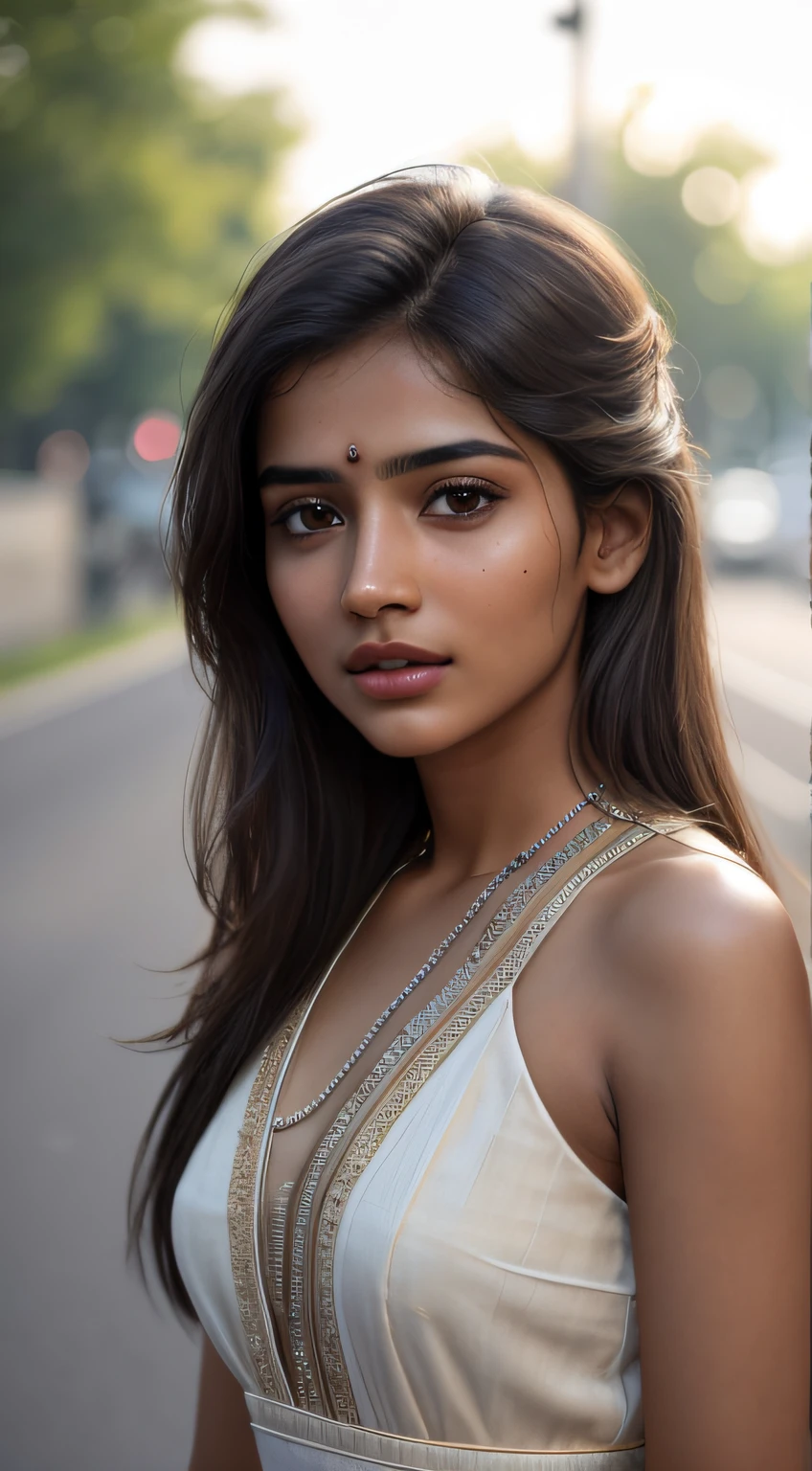 young Indian girl, 18-year-old, no bindi,traditional dress, gentle sun lighting on face , intricate facial details, flawless complexion, top-notch 3D rendering, realistic, shot on Indian road. photorealistic digital art trending on Artstation 8k HD high definition detailed realistic, detailed, skin texture, hyper detailed, realistic skin texture, armature, best quality, ultra high res, (photorealistic:1.4),, high resolution, detailed, raw photo, 400 camera f1.6 lens rich colors hyper realistic lifelike texture dramatic lighting unrealengine trending on artstation cinestill 800