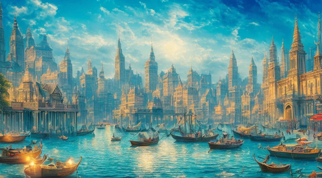 A romantic postcard of an underwater city, Super artistic texture quality，White  print border，(Best quality at best,4K,8K,A high resolution,tmasterpiece:1.2),ultra - detailed,Super refined，Ultra-complex，groceries style