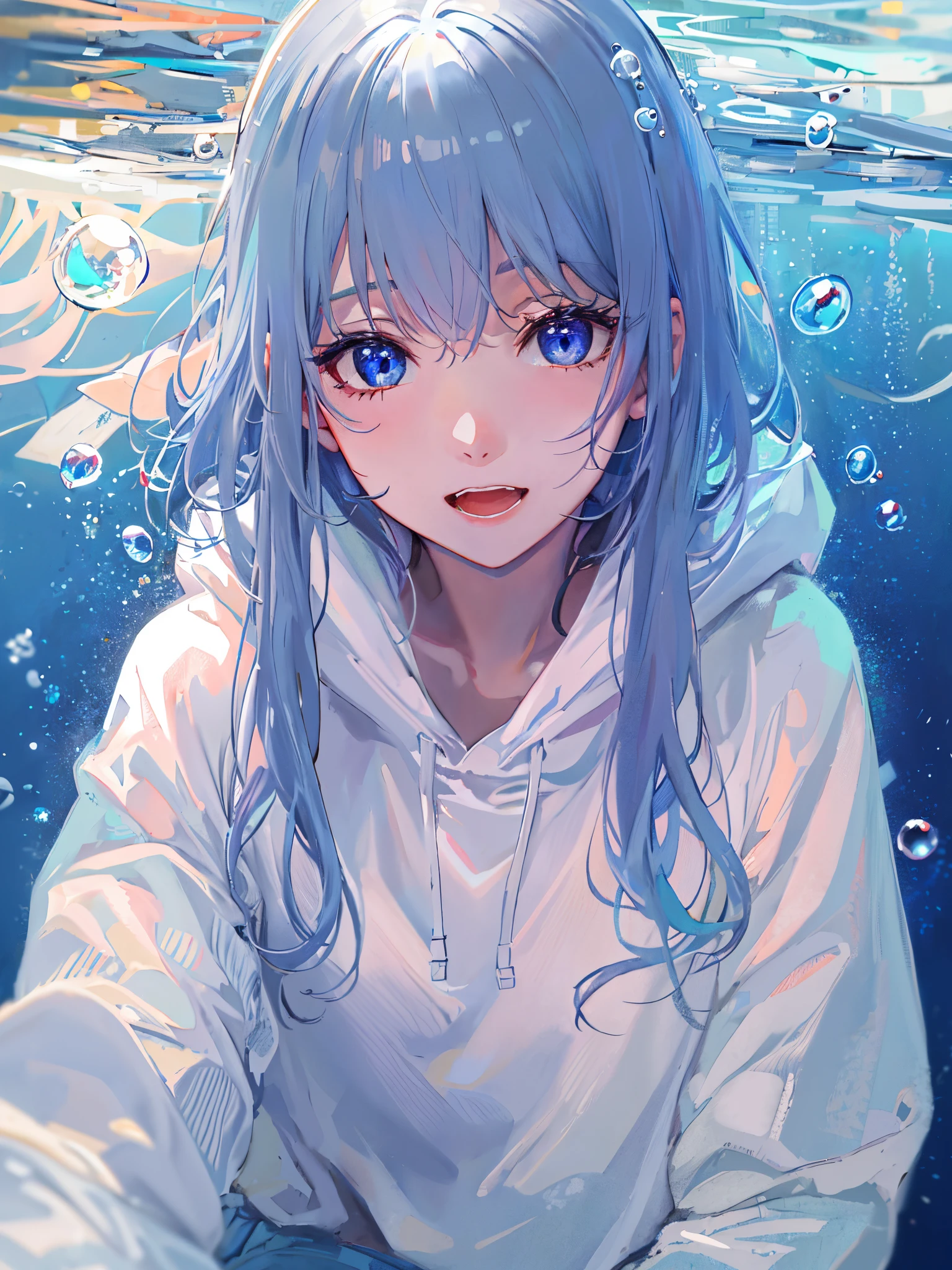 ((top-quality)), ((​masterpiece)), ((ultra-detailliert)), (Extremely delicate and beautiful), girl with, report, cold attitude,((White hoodie)),She is very(relax)with  the(Settled down)Looks,depth of fields,Evil smile,Bubble, under the water, Air bubble,Underwater world bright light blue eyes,inner color with bright gray hair and light blue tips,,,,,,,,,,,,,,,,,,,,,Cold background,Bob Hair - Linear Art, shortpants、knee high socks、White uniform like 、Light blue ribbon ties、Clothes are sheer、The hand in my right pocket is like a sapphire,Fronllesse Blue, A small blue light was floating、fantastic eyes、selfy,Self-shot、The bangs fall over the eyes, giving a sexy impression.