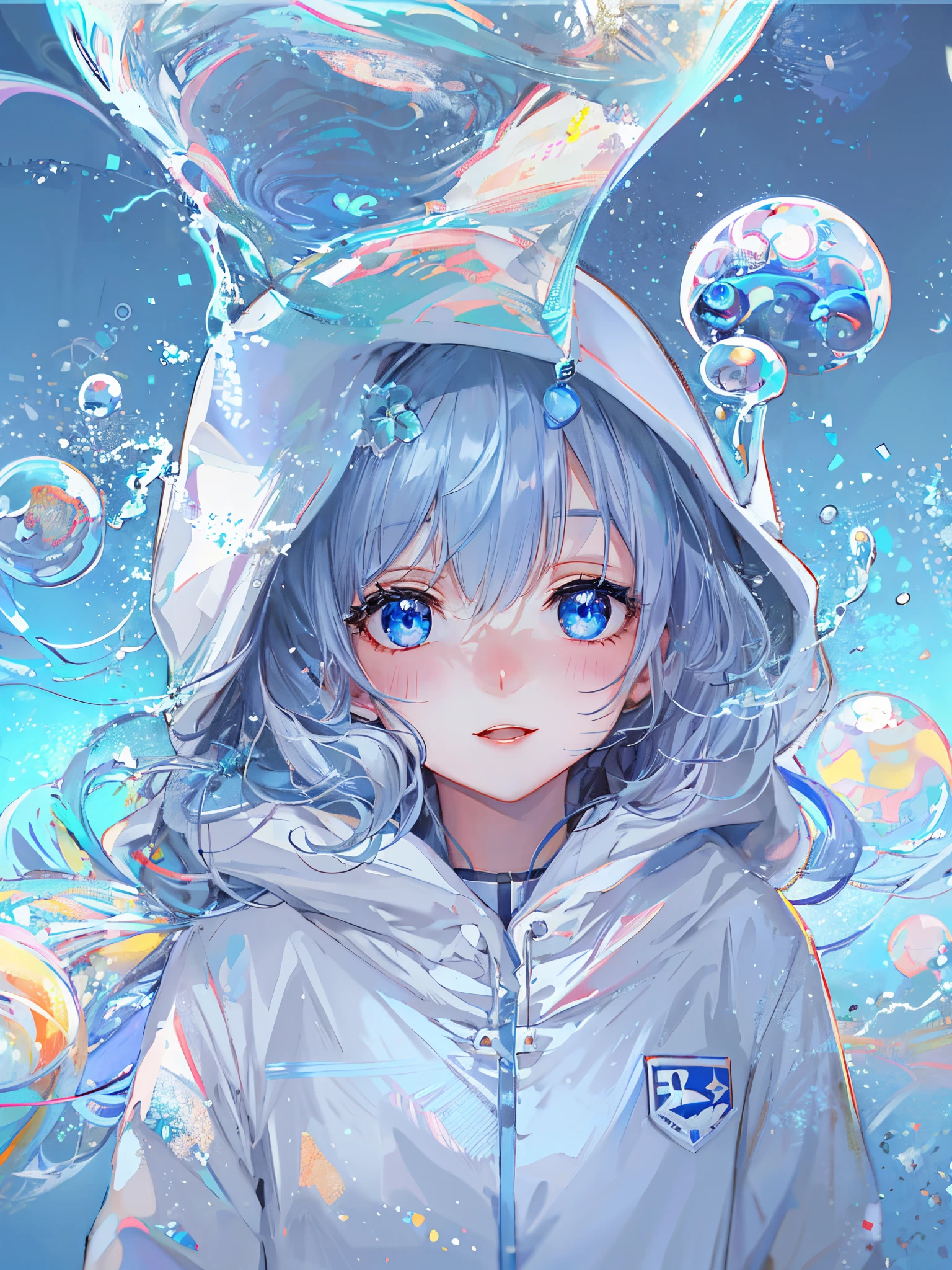 ((top-quality)), ((​masterpiece)), ((ultra-detailliert)), (Extremely delicate and beautiful), girl with, report, cold attitude,((White hoodie)),She is very(relax)with  the(Settled down)Looks,depth of fields,Evil smile,Bubble, under the water, Air bubble,Underwater world bright light blue eyes,inner color with bright gray hair and light blue tips,,,,,,,,,,,,,,,,,,,,Cold background,Bob Hair - Linear Art, shortpants、knee high socks、White uniform like 、Light blue ribbon ties、Clothes are sheer、The hand in my right pocket is like a sapphire,Fronllesse Blue, A small blue light was floating、fantastic eyes、selfy,Self-shot