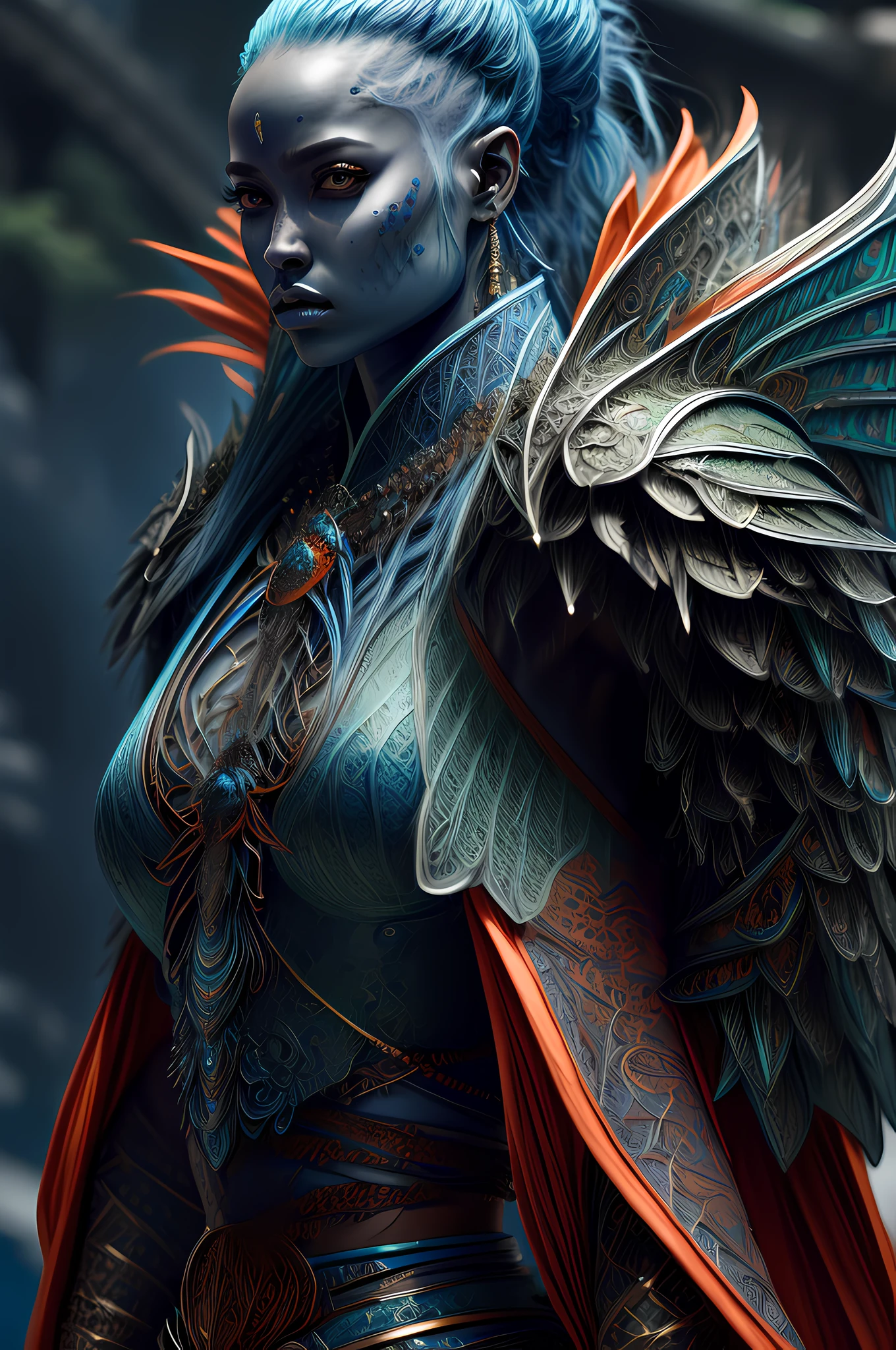 fantasy art, dnd art, RPG art, drkfntasy wide shot, (masterpiece:1.3), full body intense details, highly detailed, photorealistic, best quality, highres, portrait of a exotic race vedalken female (fantasy art, Masterpiece, best quality: 1.3) (blue colored skin: 1.3), intense details facial detail fantasy art, Masterpiece, best quality)cleric, (blue colored skin: 1.3) 1person blue_skin, (bold head: 1.4), intense green eye, fantasy art, Masterpiece, best quality) armed a fiery sword red fire, wearing heavy (white: 1.3) half plate mail armor LnF wearing high heeled laced boots, wearing an(orange :1.3) cloak within fantasy temple near river background and sun and clouds, reflection light, high details, best quality, 16k, [ultra detailed], masterpiece, best quality, (extremely detailed), dynamic angle, ultra wide shot, photorealistic, RAW, fantasy art, dnd art, fantasy art, realistic art