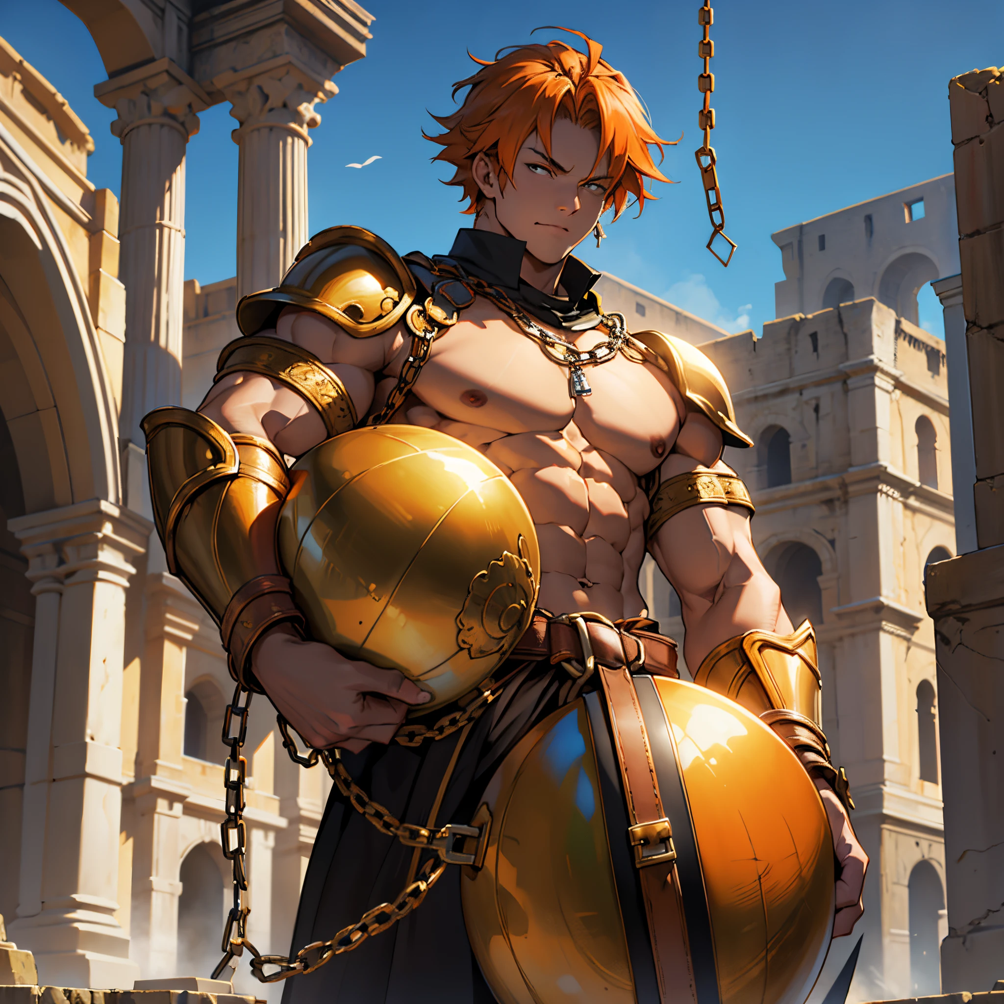 ​masterpiece, Best Quality, 4k, Slave warrior in golden armor(Orange hair), tied up in huge chains, holding a huge iron ball, Background with:Colosseum without people