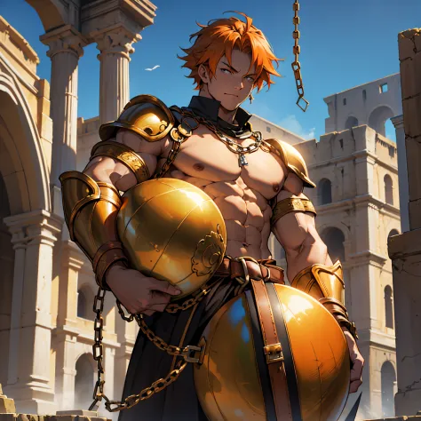 ​masterpiece, Best Quality, 4k, Slave warrior in golden armor(Orange hair), tied up in huge chains, holding a huge iron ball, Ba...