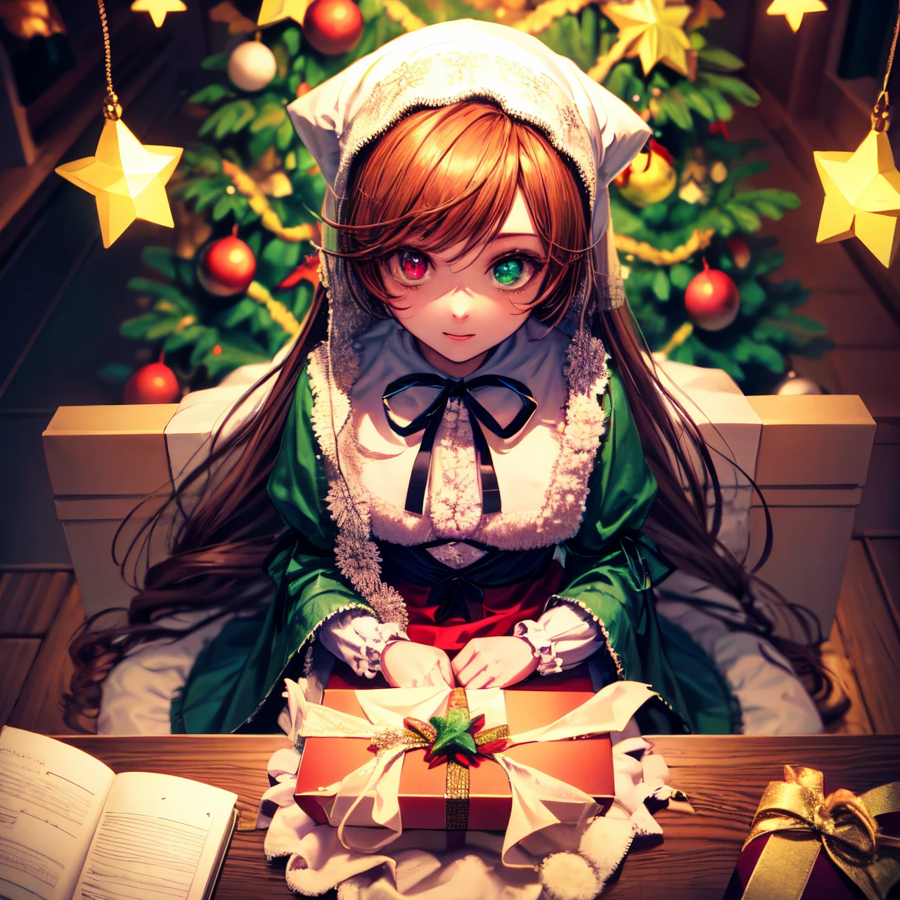 best quality, masterpiece, small suiseiseki, bonnet, head scarf, heterochromia, green dress, neck ribbon, twin drills, ((is styaing)), gift box, looking to viewer, focus on face, (shot from above), christmas tree on background, (christmas atmosphere), intricate angle, detailed, intricate