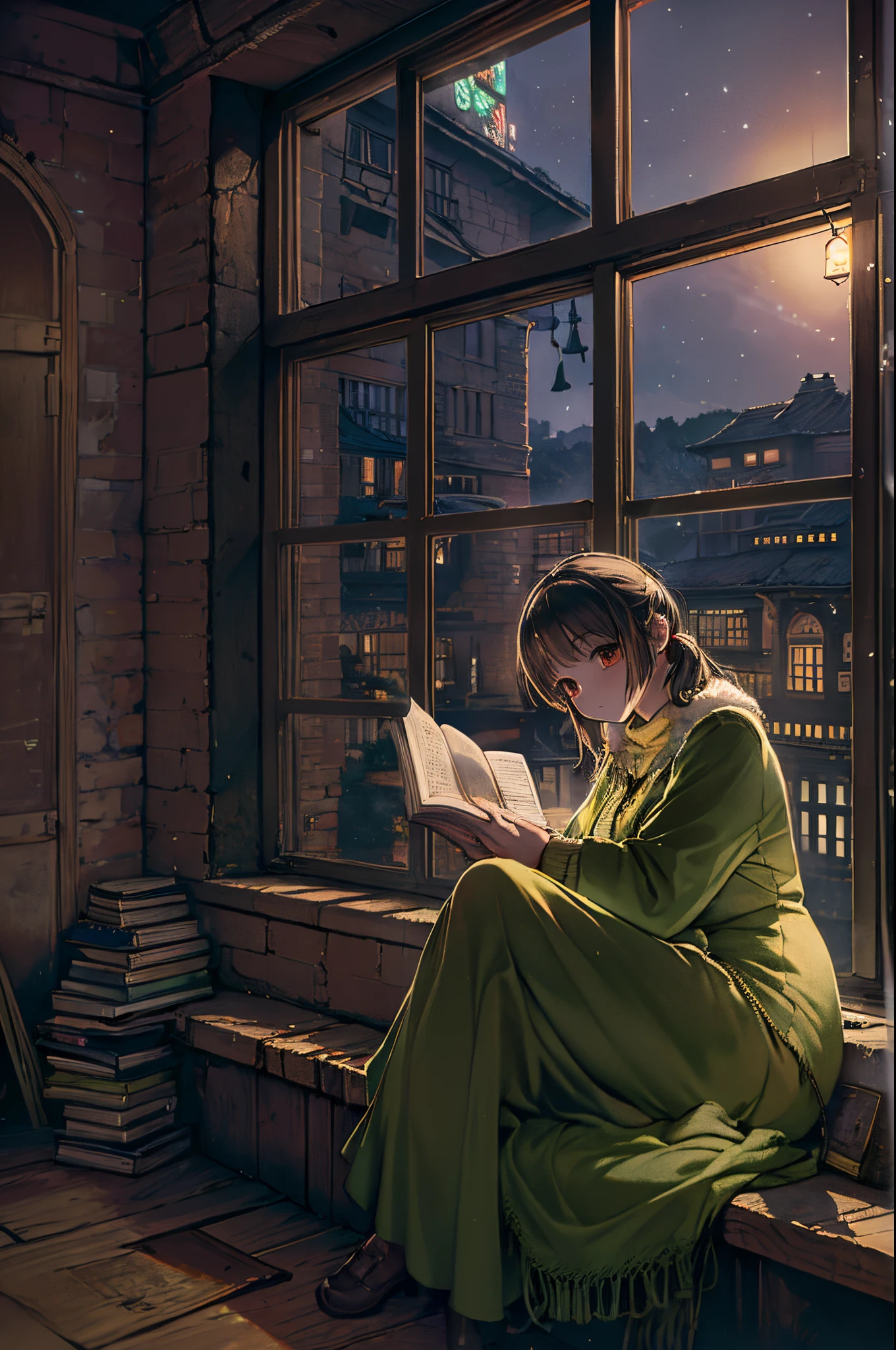 Arafed woman sitting on the window sill and reading a book、Storybook Wide Shot::HD、near a window、Sitting in the castle、Leaning against the window、dramatic reading book pose、books portrait、wide portrait、read the corner、Dramatic Reading Magic Book Pose、Window light、inspired by Balthus、reading in a library、near a window、night cityscape、fantastic light at night