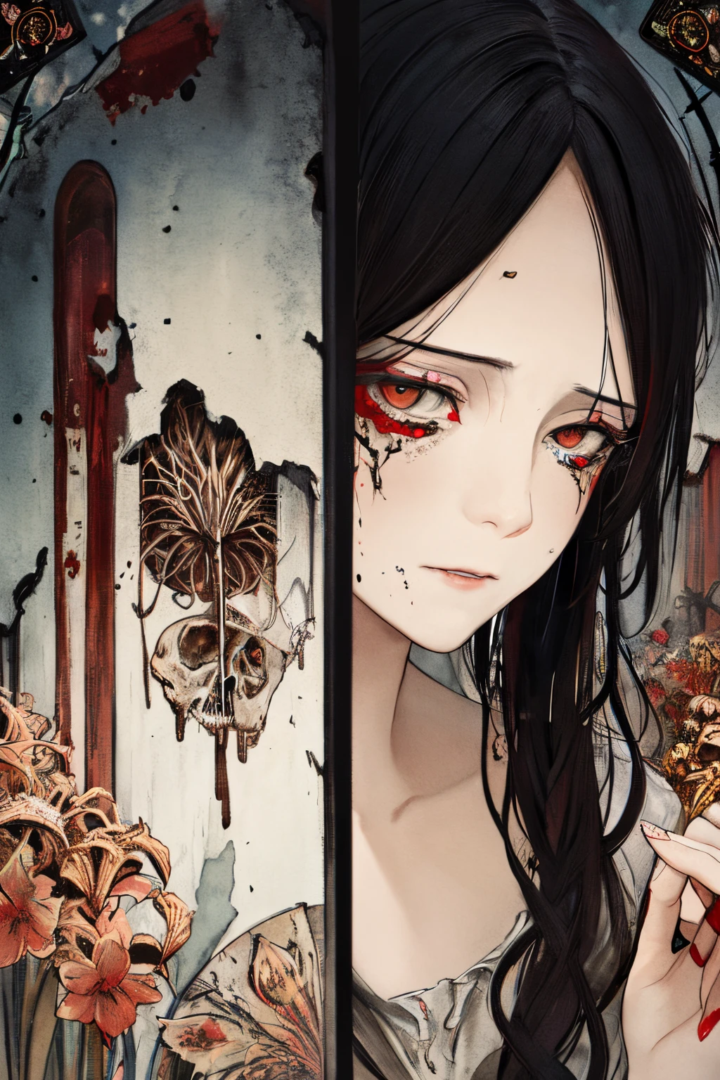 SFW,masutepiece, Best Quality, High resolution, 1woman, upper body, Details , detail hands, Detail fingers, Detail Face, detail legs, watercolor paiting, in graveyard, black hair, long hair, tattered clothes, black eyes, zombie, skull, bone, (art nouveau:1.25), Maximalism artstyle, neon theme, suprematism, crying, beautiful detailed eyes,hyper detailed, beautifuly color, high details, high quality, back light, upper body , high quality, hair with body, cluster amaryllis, zombie, rotungwoka person, priest, black tears, shed tears,