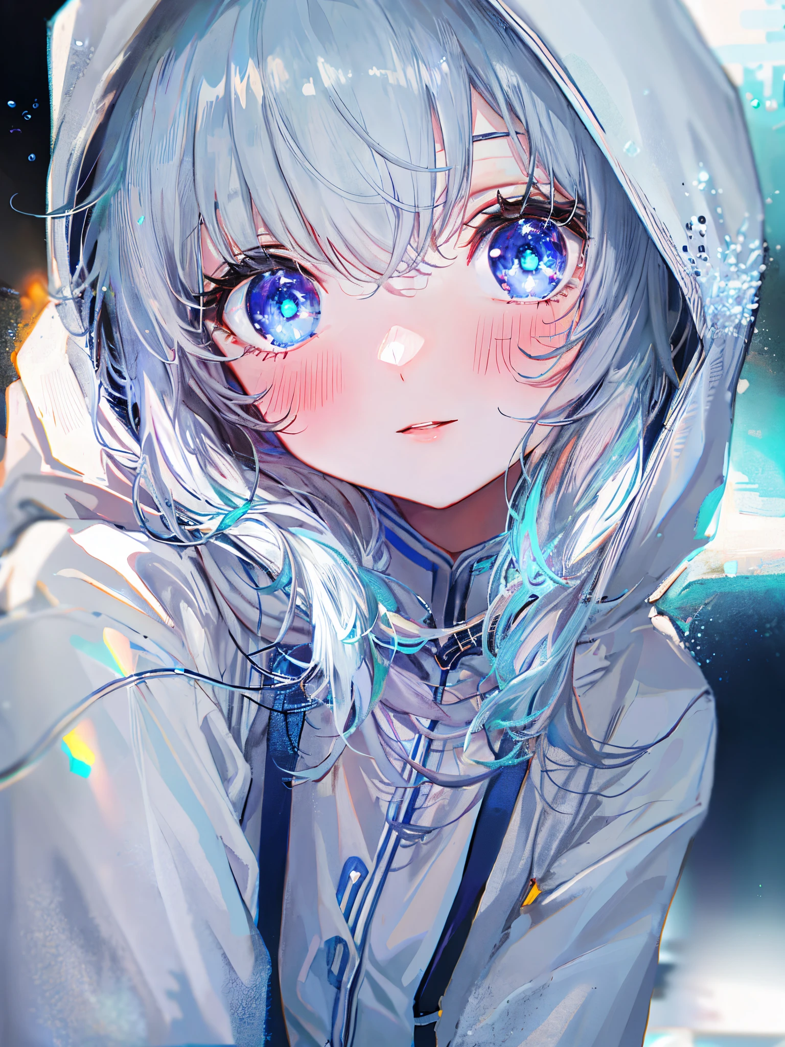 ((top-quality)), ((​masterpiece)), ((ultra-detailliert)), (Extremely delicate and beautiful), girl with, report, cold attitude,((White hoodie)),She is very(relax)with  the(Settled down)Looks,depth of fields,Evil smile,Bubble, under the water, Air bubble,Underwater world bright light blue eyes,inner color with bright gray hair and light blue tips,,,,,,,,,,,,,,,,,,,,,,Cold background,Bob Hair - Linear Art, shortpants、knee high socks、White uniform like 、Light blue ribbon ties、Clothes are sheer、The hand in my right pocket is like a sapphire,Fronllesse Blue, A small blue light was floating、fantastic eyes、selfy,Self-shot、Bangs fall on the eyes, give a sexy impression.