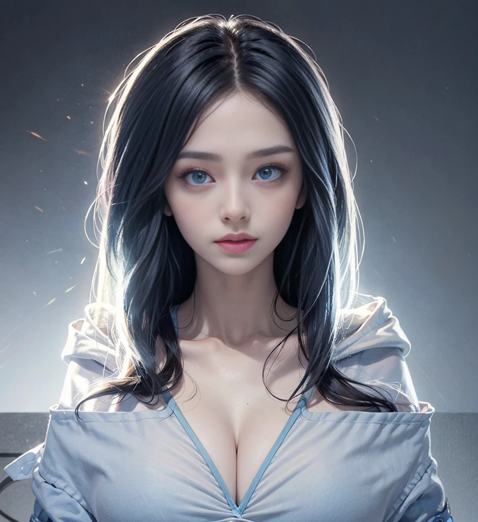 blue long hair，Nice face，duration，Heterochromatic pupil，Gini Coefficient，fully body photo，Big-breasted girl