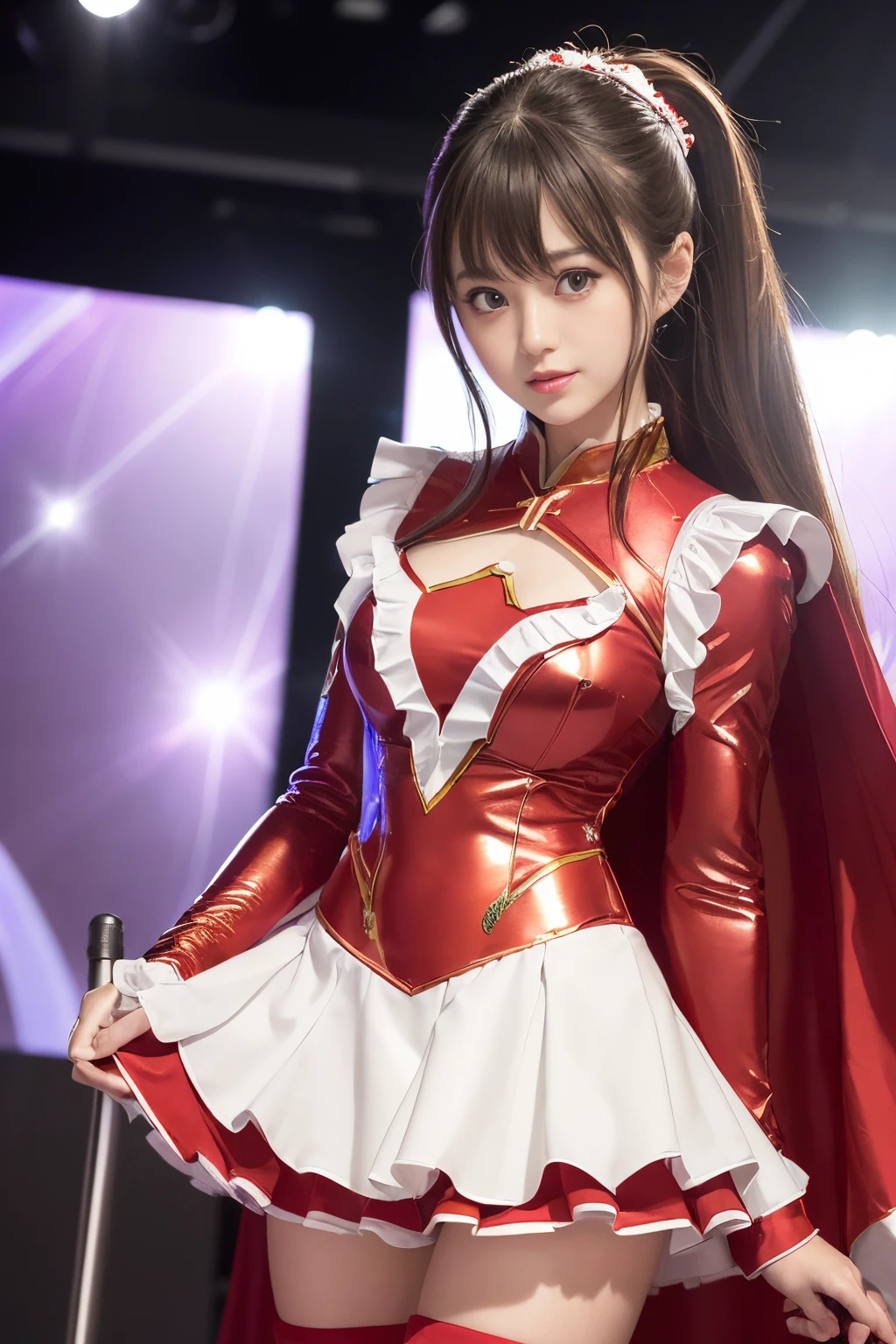 (Best Quality ,High resolution,​masterpiece:1.2), Ultra-detailed, Realistic:1.37, (Perfect Anatomy), Full body like,1girl in ,Cute and perfect 18 year old Japanese female idol super heroine (superhero:1.3)　ssmile　Natural look, Beautiful eyes,, Full body like, detailed facial features, detailed hairs, detailed costume, stunning eyes, Beautiful lip lawn hair ponytail　, (Details Red and white Nogizaka idol costume style snug and shiny super heroine suit and ruffled miniskirt:1.3),Stage lighting、on a stage