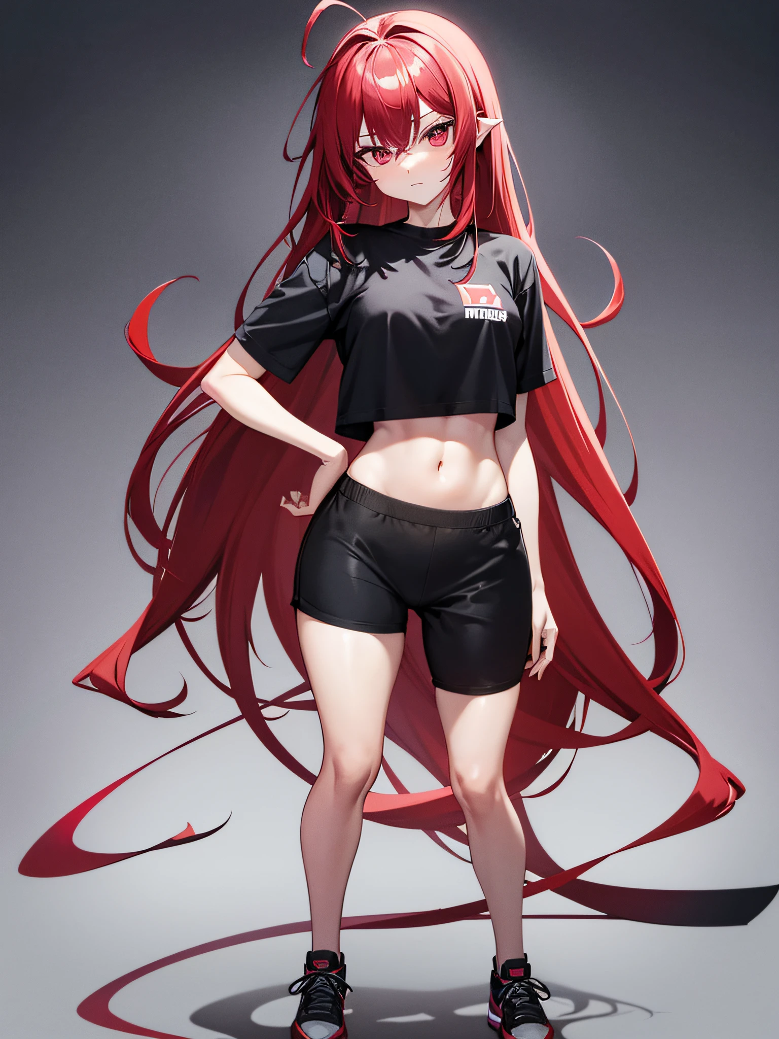 A woman with long red hair and black shorts posing for a picture - SeaArt AI