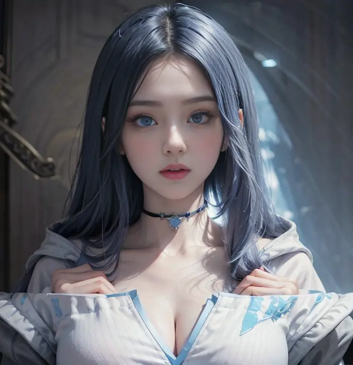 blue long hair，Nice face，choker necklace，Heterochromatic pupil，Gini Coefficient，Full body photo，Big-breasted girl，Cardigan
