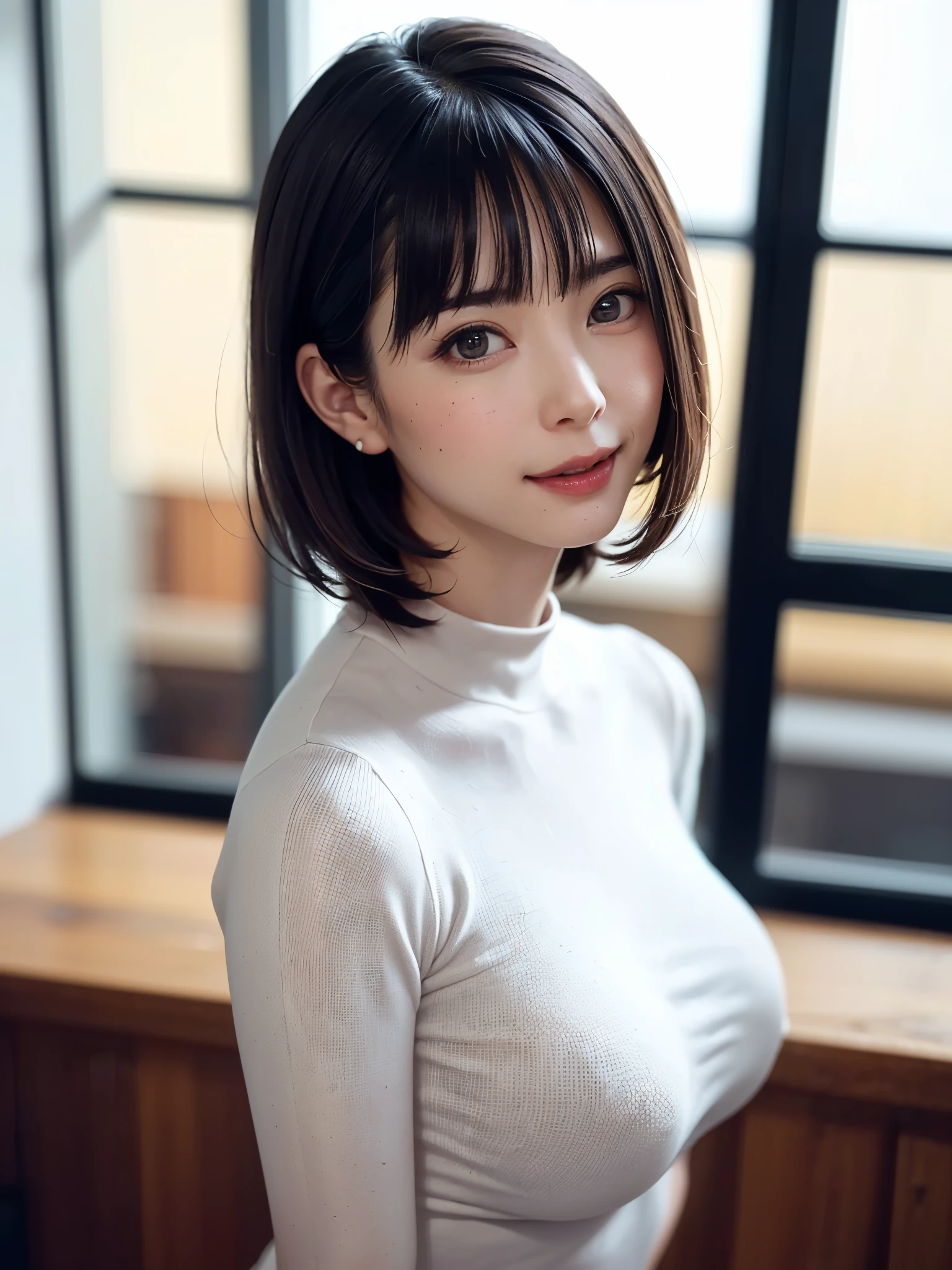 A woman with a short hair and a white top posing for a picture - SeaArt AI