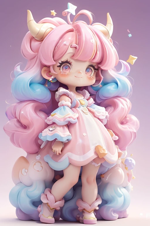 masterpiece, best quality, 8k, cinematic light, ultra high res, chibi, 1girl, child, pink hair, multicolored hair, long hair, solo, dress, star hair ornament, horns, blue hair, star \, (symbol\), bangs, gradient hair, artist name, gradient, smile, closed mouth, full body, pink background, gradient background,