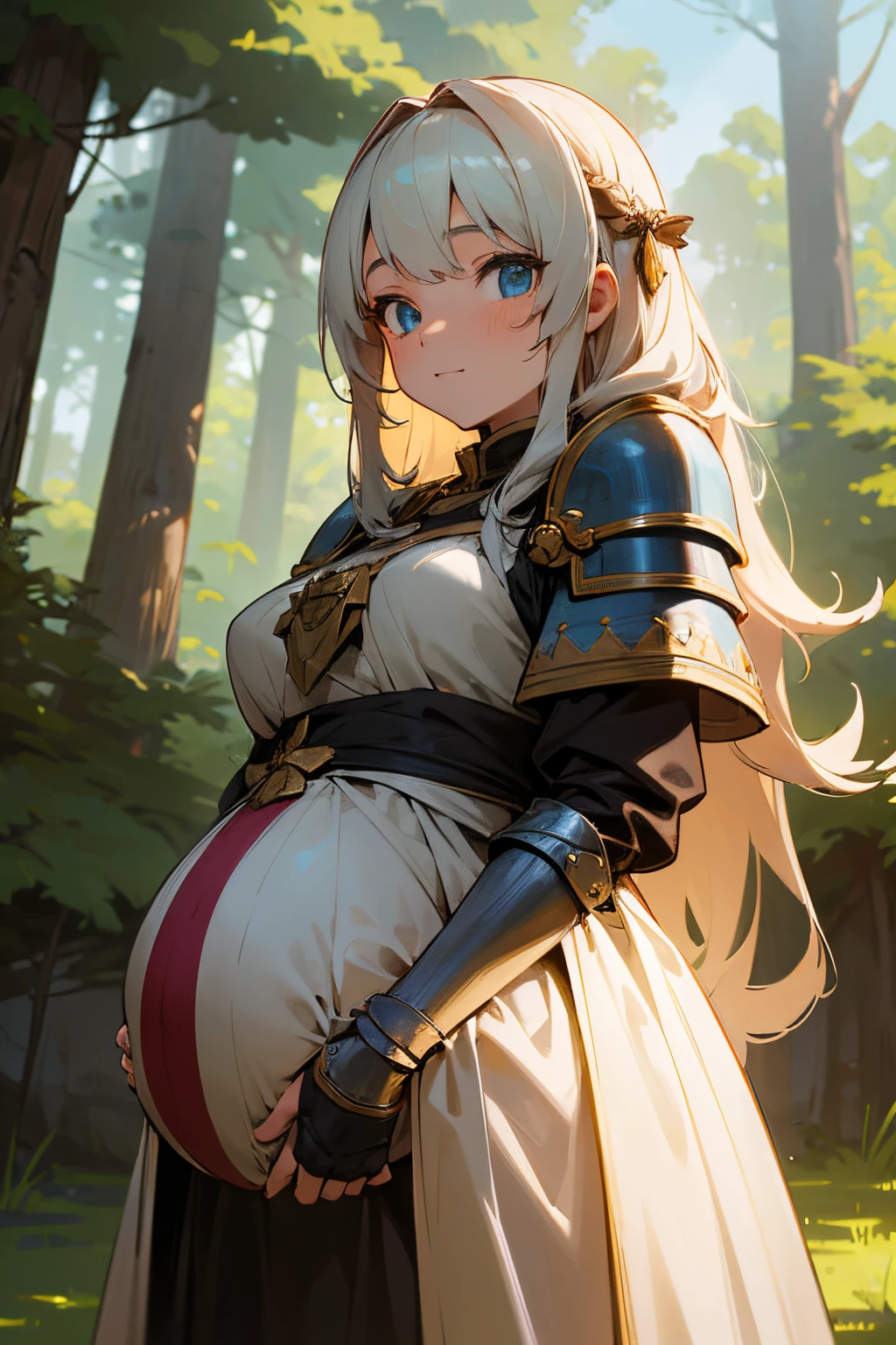 1 young girl, long hair, fantasy, adventurer, adventurer style, armored, bow, pregnant, at trimester pregnancy, at forest, face at camera