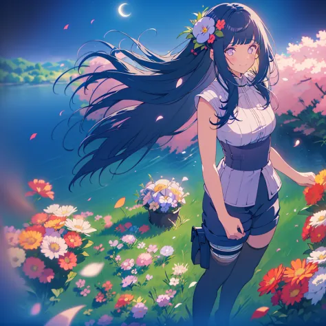 moon, 1 girl, blunt bangs, dark blue hair, long hair, smile, flowers petals, flowers field, night