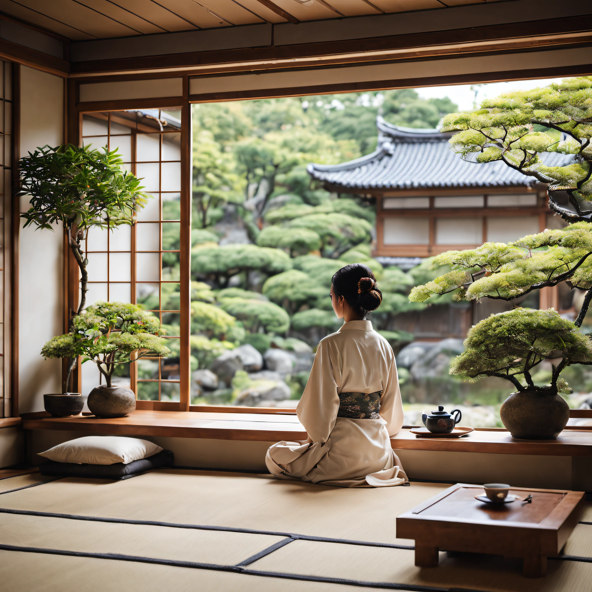 伝統的な日本庭園を望むリビングルーム, お茶の時間, 景色を楽しむ女性, 小さな笑顔, 屋内のいくつかの植物, 居心地の良い家, 朝, 禅スタイル, 木製の内装, 写実的な