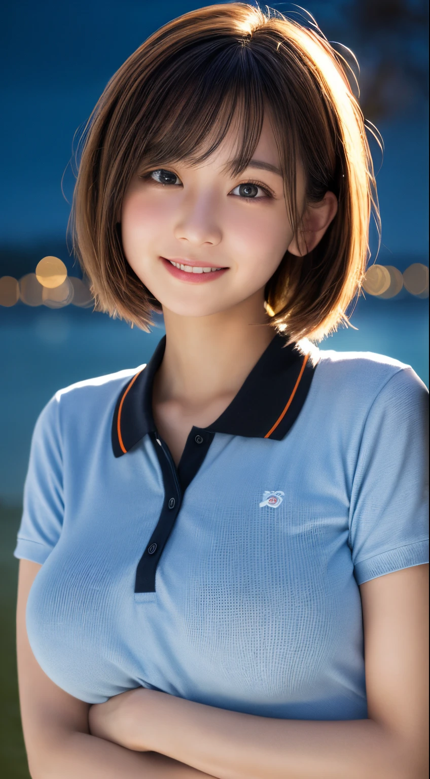 masutepiece, Best Quality, 8K, 10 years, Raw photo, absurderes, award winning portrait, Smile, Solo, (Night:1.8), Idol face, (loli face and big boobs:1.2), Short hair, Delicate girl, Upper body, Digital SLR, Looking at Viewer, Candid, Sophisticated,Thin arms, Professional Lighting, Film grain, chromatic abberation, (Eyes and faces with detailed:1.0), (Bokeh:1.1) , (polo shirts:1.1) , button gap , closes mouth, A dark-haired , drooing eyes , huge full breasts , Plump lips, thin smile