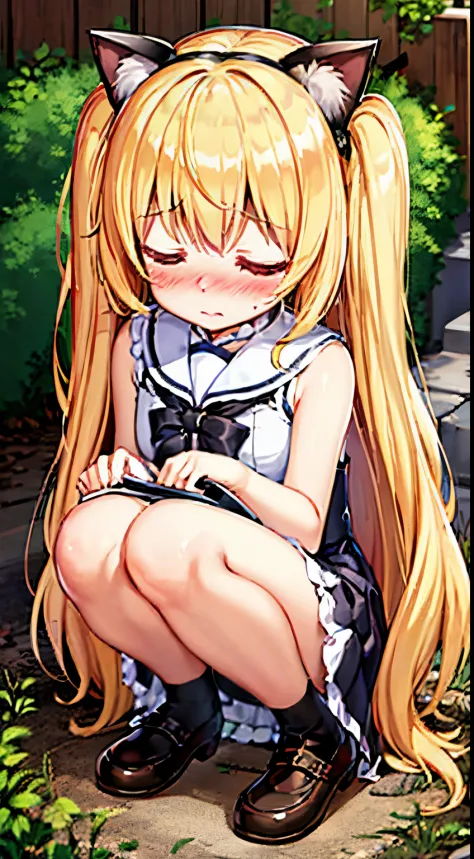 best quality, girl, cat ears, lemon yellow hair, long hair, extra-long sideburns, two side up, squatting, pee, peeing, peeing self, linear pee, looking down, lolita fashion, sailor collar, sleeveless, [closed eyes: (empty eyes:1.3):11], (blush:1.5), (tears...