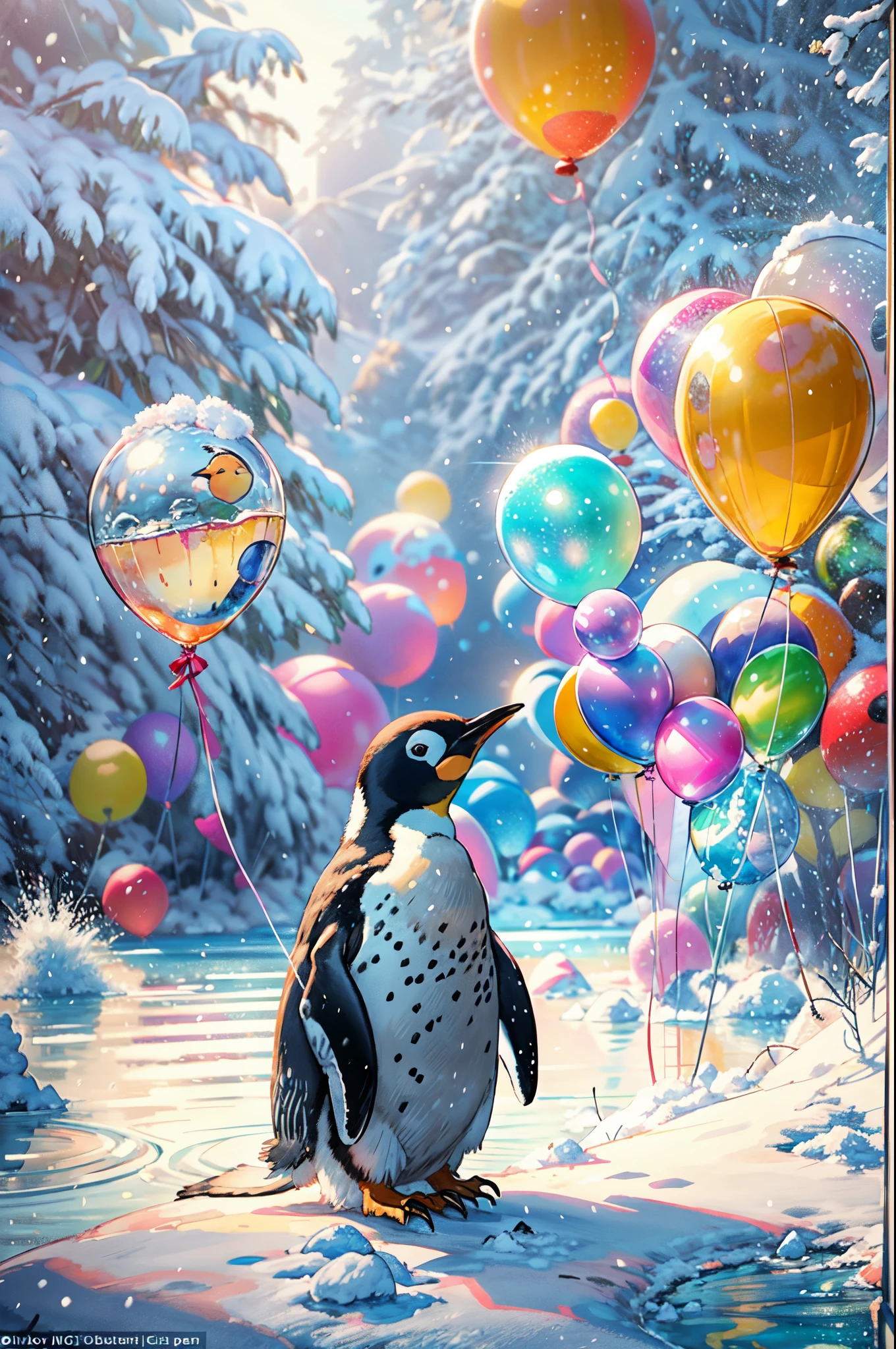 (best quality,4k,8k,highres,masterpiece:1.2),ultra-detailed,(realistic,photorealistic,photo-realistic:1.37),3D rendering,bokeh,penguin,adorable,playful,small balloon penguin,big round eyes,curved beak,bright orange feet,cute,fluffy,wintery scene,snow-covered ground,colorful balloons,tied to the penguin's wings,cheerful,joyful atmosphere,soft lighting,a hint of pink and blue tones,light snowfall,penguins gathering around,an icy pond in the background,reflecting the vibrant colors of the balloons,gentle breeze,top view,vivid colors,crisp details.