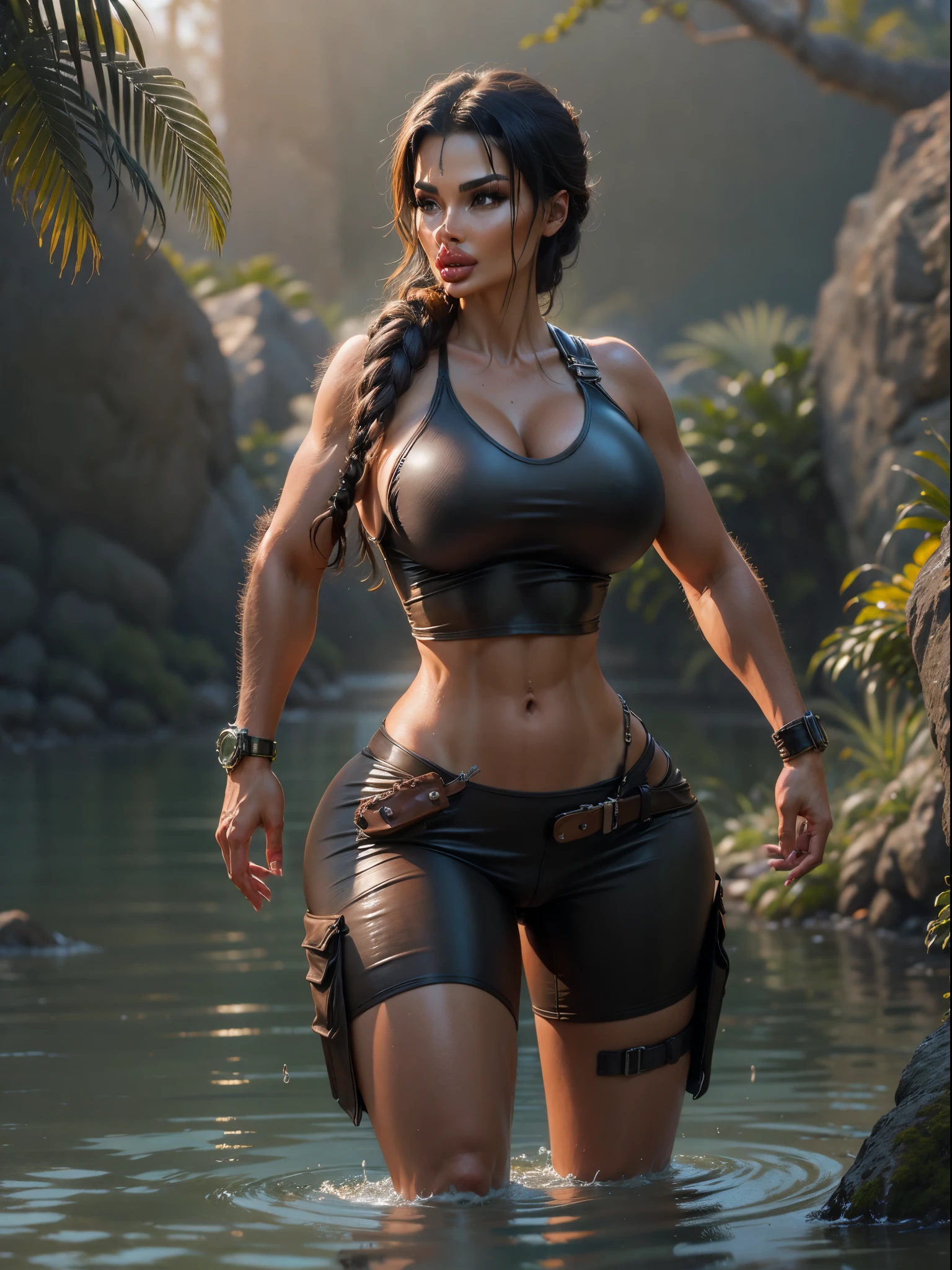 A woman in a wetsuit and leather shorts is walking through a river - SeaArt  AI