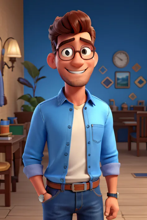 Homem, moreno e sem barba, idade de 40 anos, jeans and long-sleeved blouse, wearing a watch on his left arm, Estilo Disney Pixar, ..3d, animation character, alta qualidade, smiling while holding a microphone in his right hand.