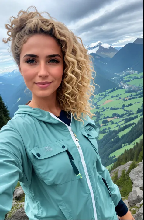 curly woman with curly blonde hair and blue eyes standing on a mountain, inspirado em Ulrika Pasch, uma montanha parece uma mulh...