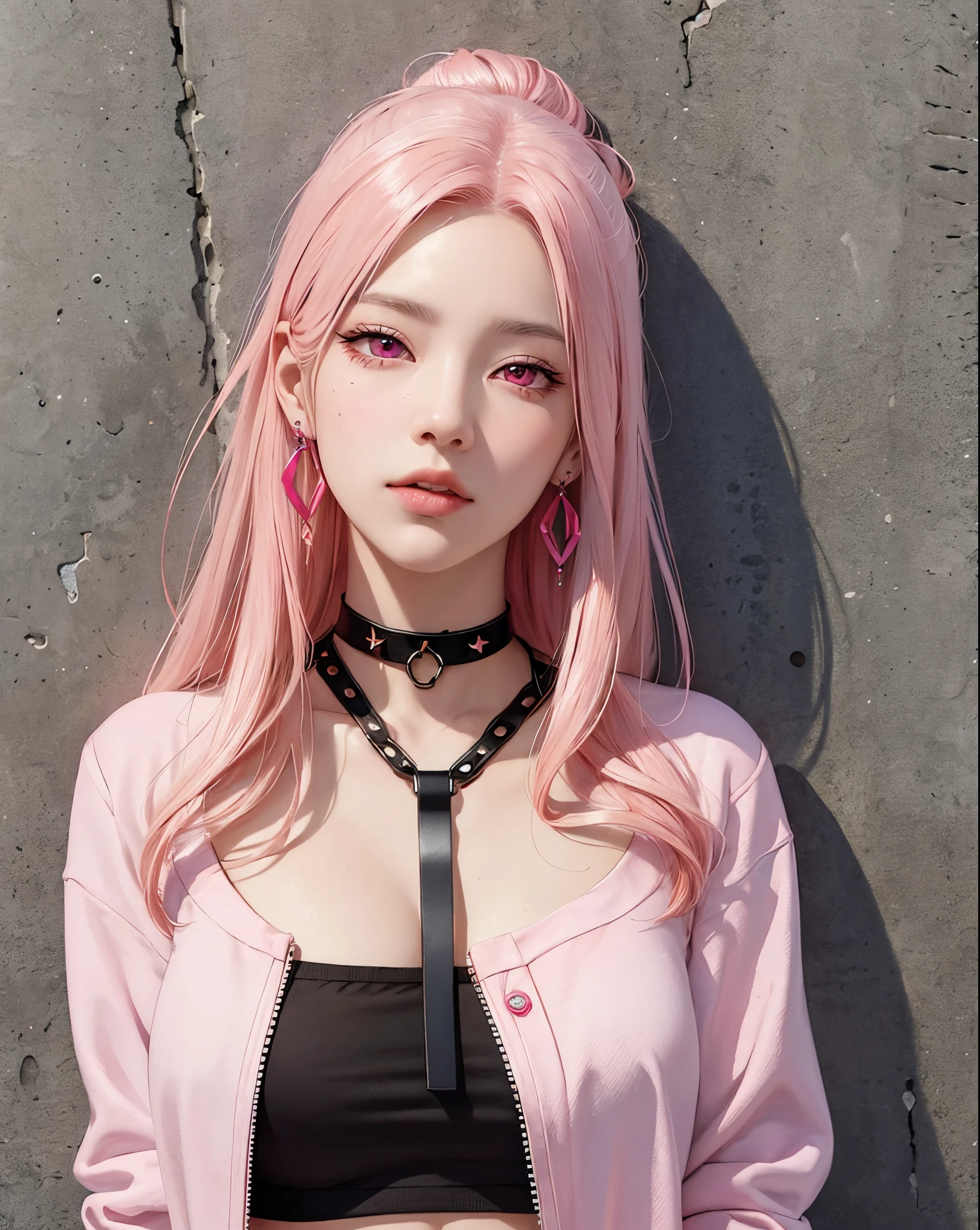 (Masterpiece, Best Quality, 1girl, solo, intricate details, chromatic aberration), Realistic, ((Middle Breath)),Long hair, pink hair, Decoration on the red head, Pink highlights, hair above one eye,violet eyes, earings, sharp eyes, Choker, neon shirt, open jacket, crop-top, (symmetry eyes),(perfect symmetrical body),Against a wall, brick wall, graffiti, dim lighting, alley ,look at the viewer
