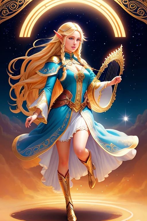 Digital illustration, fullbody, female, High-elf bard, bright Sky Blue eyes, Long half-braided Golden Blonde hair, fantasy outfit, playing lyre