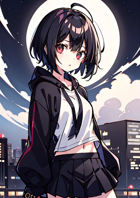 1 girl,full entire body,Yandere,Black Hair,Short Hair Hair,black hoodie,White shirt,Black Skirt,Mobile Sword,standing on buildin...