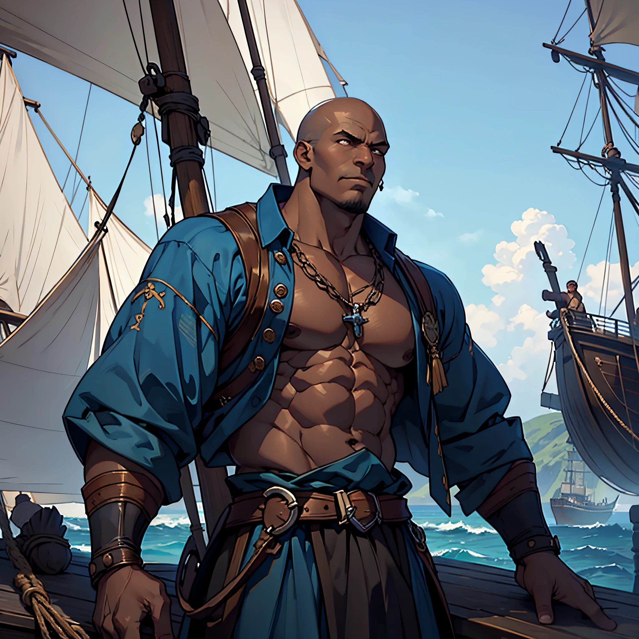 ​masterpiece, Best Quality, detailed, person upper body, Cinematics, 4k, Background with: pirate ship on the blue sea, black warrior with very dark skin, one eye bald, Majestic pose on deck