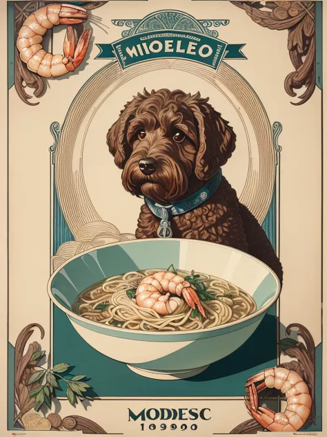 (best quality,4k,8k,highres,masterpiece:1.2),ultra-detailed,1890's noodles advertisement poster, Art Nouveau Style, brown labrad...