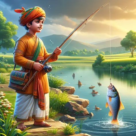 a man in a turban  fishing with a fish, fisherman, mobile wallpaper, hd wallpaper, a beautiful artwork illustration, wearing a f...