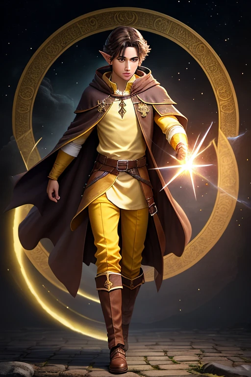 full body, male, half elf, young age, wizard, brownish skin, dark brown hair, yellow eyes, mage robe