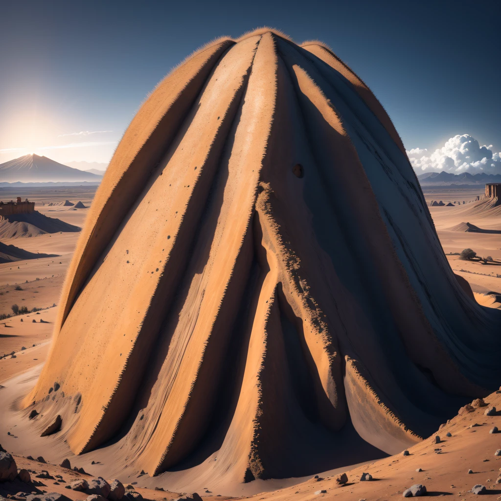 Alien base (Die sehr detaillierte) in Wüstenbergen，Es gibt mehrere Abluftventilatoren und Schornsteine, Einige Strahler strahlen von der Basis aus，Beleuchten Sie nachts dunkle Orte), Es gibt einige Wolken am Nachthimmel, Einige umliegende Planeten versorgen unbekannte Planeten mit Luft，Der am weitesten entfernte ausbrechende Riesenvulkan