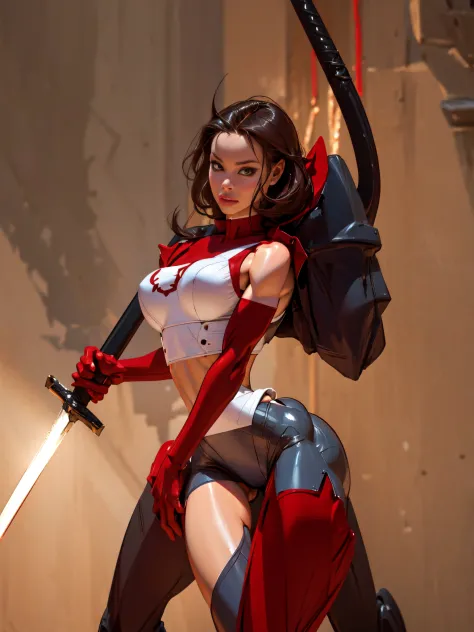 1girl enji night, enjnight, solo, red armor, sword, wide hips ,arms along her body, hands behind her back