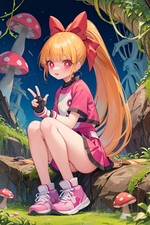 1girl, ppgzmmk, long hair, blonde hair, hair bow, blunt bangs, ponytail, red eyes, bright pupils, super heroine suit with miniskirt ,sneakers, cute, being attacked by vines in dark cave, sit on big mushroom, nsfw, wet body, vines wrap body, creampie,