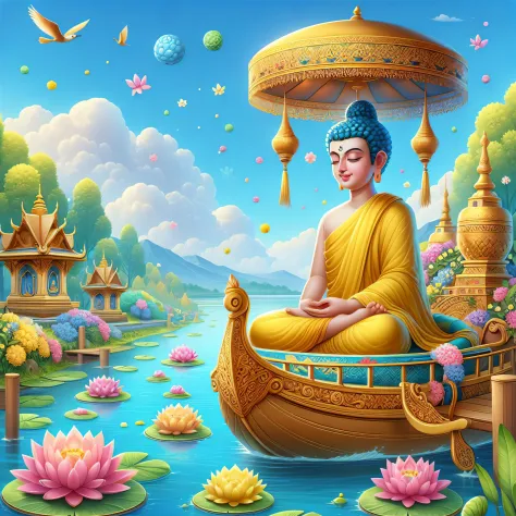 buddha sitting in a boat with lotuses floating in the water, a beautiful artwork illustration, buddhism, serene illustration, di...