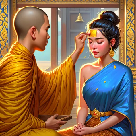 painting of a woman in a blue dress and a man in a yellow robe, rob rey and kentarõ miura, rob rey and kentarõ miura style, tith...