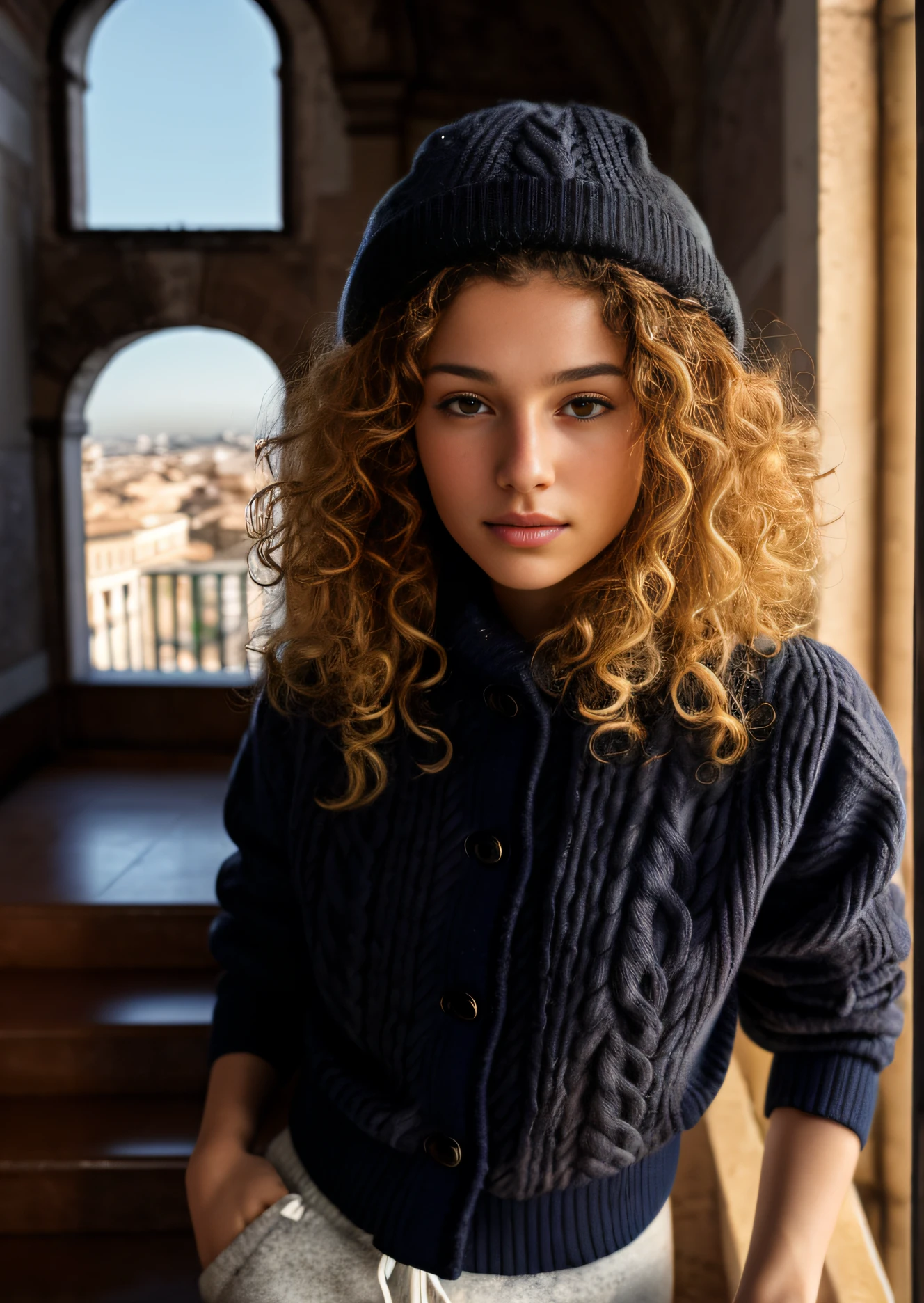arafed woman with curly hair standing at Spanish stairs in Rome, beautiful young girl, gorgeous young model, by irakli nadar, cute young woman, anna nikonova aka newmilky, very beautiful young woman, high quality full body photo, sofya emelenko, beautiful young woman, full body photo of a beautiful girl and Spanish stairs of Rome, very beautiful girl, messy curly hair, wearing winter clothes (coat, sweater, pants and wool cap), Spanish stairs in Rome in Winter edition, December in Rome, very beautiful view, best view of spanish stairs behind her. She is standing on spanish stairs in Rome, visible stairs, visible view, full body