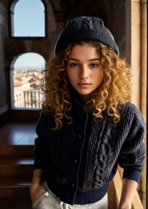 arafed woman with curly hair standing at Spanish stairs in Rome, beautiful young girl, gorgeous young model, by irakli nadar, cu...
