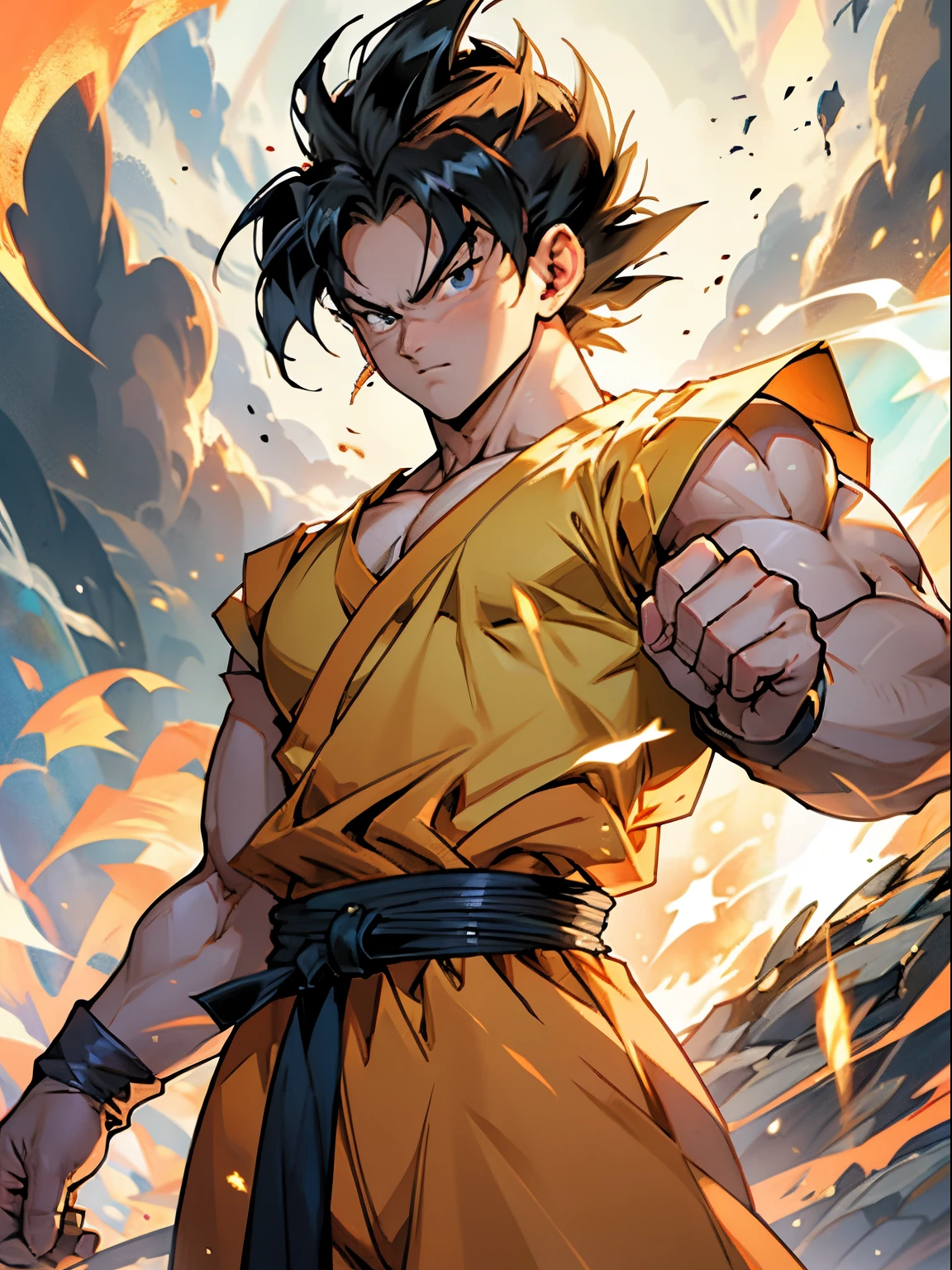 Illustration réelle du personnage de Gohan, super saiyan, Style visuel réaliste en couleur, Style réaliste, Jésus-Christ devient Super Saiyan, personnages de dragonball.