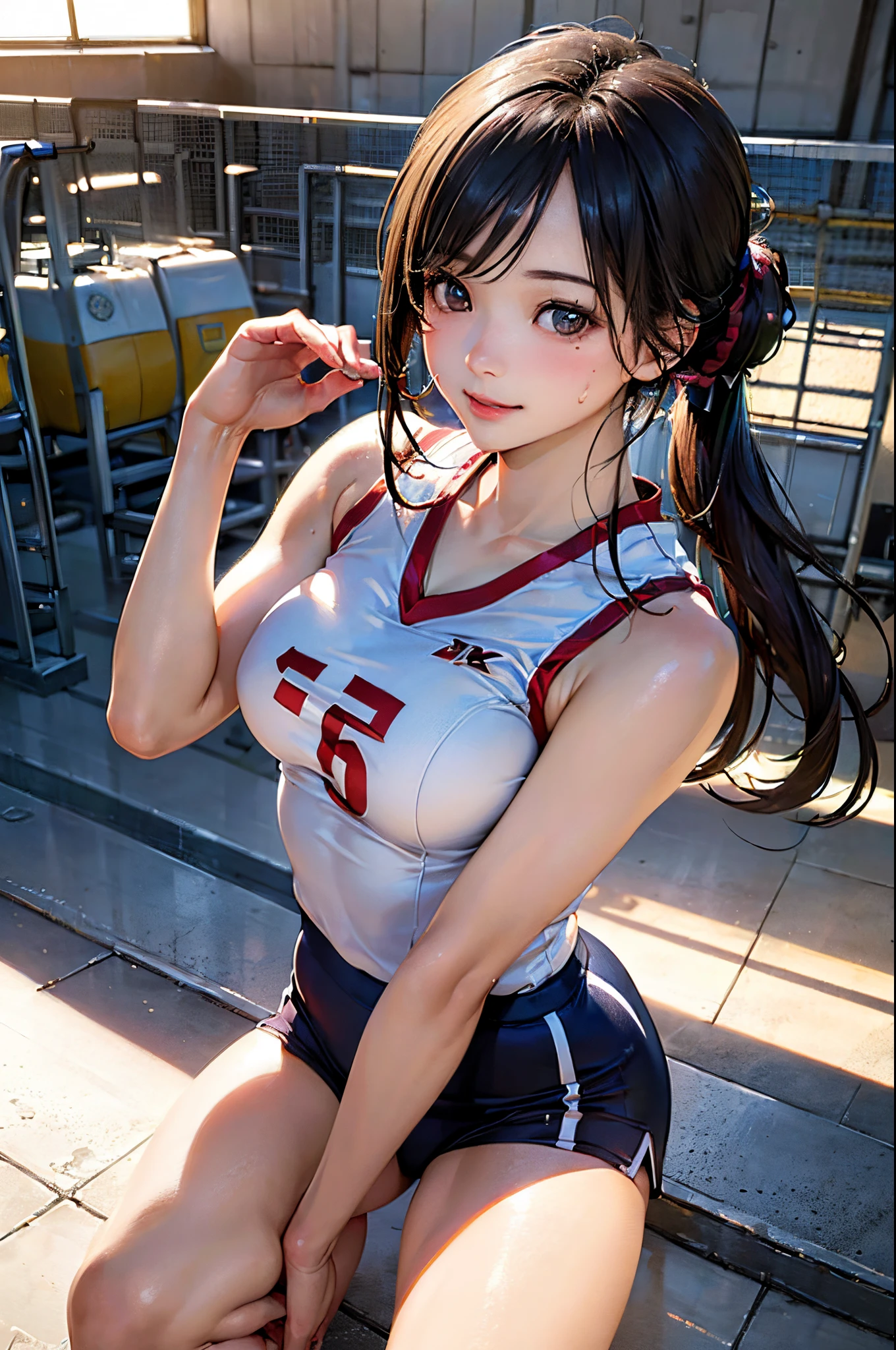 ((((perfect anatomy, super detailed skin)))), 1 girl, japanese, 16 years old, volleyball player, shiny skin, watching the view, 
beautiful hair, beautiful face, beautiful detailed eyes, brown eyeiddle hair:1.4, ponytail:1.5), 
beautiful collarbones, beautiful body, Beautiful breasts, beautiful thighs, beautiful legs, babyface, mole under eye, large breasts:0.5, seductive thighs, cameltoe, 
((symmetrical clothinetallic, sleeveless, volleyball uniform, buruma)), 
smile:1.5, sitting floor, ((((m leg, spread legeautiful scenery), morning, ((gymnasium), stadiam), 
(8k, top-quality, masterpiece​:1.2, extremely detailed), (realistic, photorealistic:1.4), beautiful illustration, natural lighting,