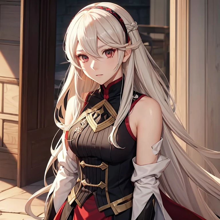 Corrin de Fire Emblem Fates, mujer, pelo largo platinado rubio y ojos rojos. Uniforme de Fire Emblem Three Houses con detalles amarillos.