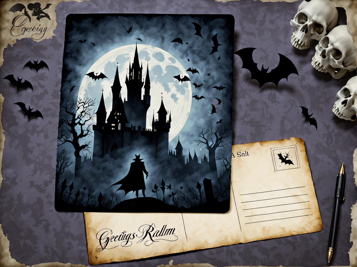 (vintage:1.3), (solo:1.3), design a (captivating gothic postcard) with old-fashioned handwriting featuring a silhouette of a vampire against a full moon backdrop, standing on top of a gothic castle, with bats flying around and a misty graveyard in the foreground, (the postcard has faded edges and handwritten text that reads 'Greetings from the Night Realm'), eerie and enchanting, on a luxurious table with skull and an elegant pen, More Detail