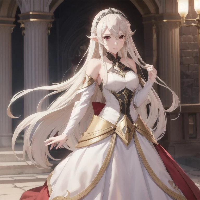 Corrin Fire Emblem Fates weiblich langes platinblondes Haar rote Augen spitze Ohren. Wunderschönes goldenes Fantasy-Prinzessinnenkleid mit offenen Schultern