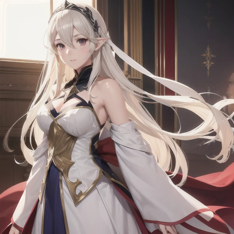 Corrin de Fire Emblem Fates, mujer de cabello largo platinado rubio, ojos rojos y orejas puntiagudas. Precioso vestido de princesa de fantasía dorado, fuera de los hombros