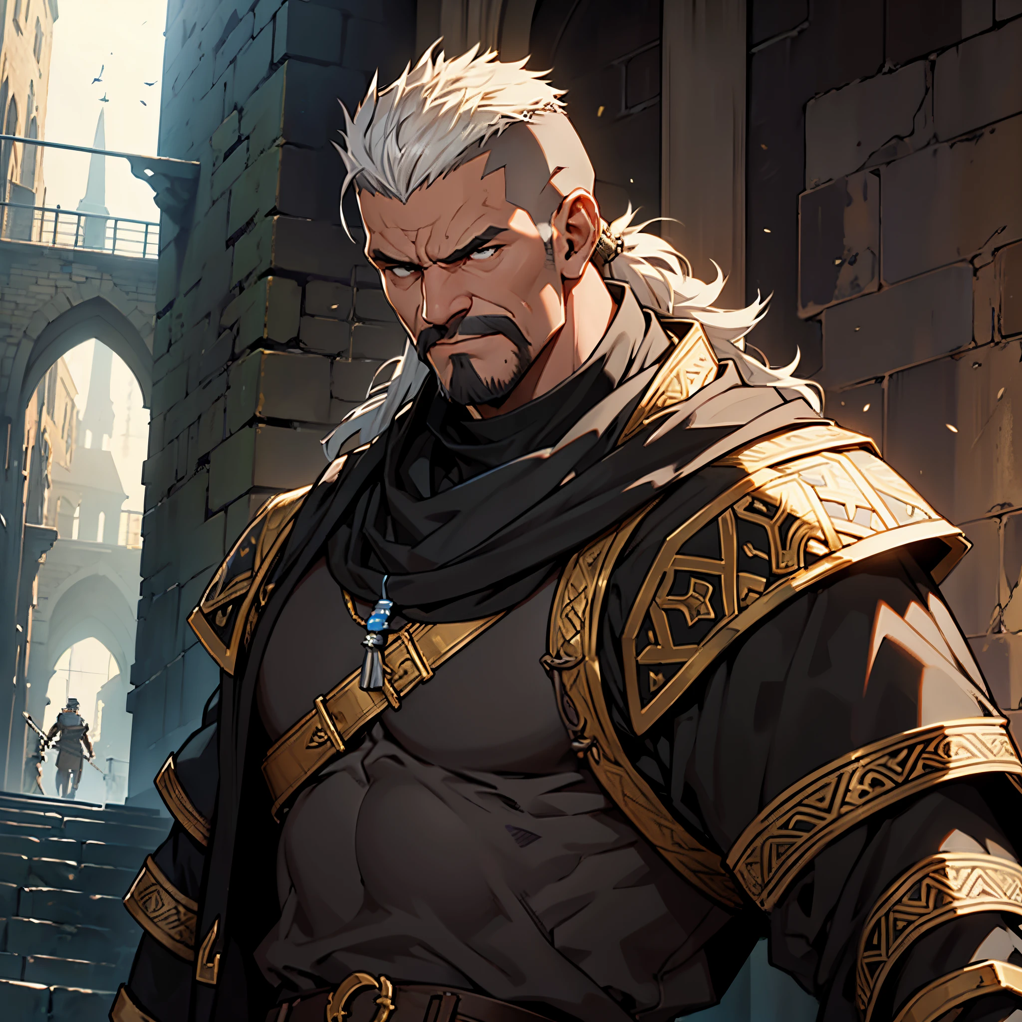 ​masterpiece, Best Quality, detailed, person upper body, Cinematics, 4k, Background with: medieval dungeon stairs, Black Hun Mercenary, A very tall middle-aged man with mohawk hair., with strong expressions,