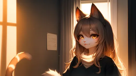 cat hair casual wear. anthropomorphic cat girl#39;boyish face, exquisite lighting and shadows, good ambient light, ultra detaile...